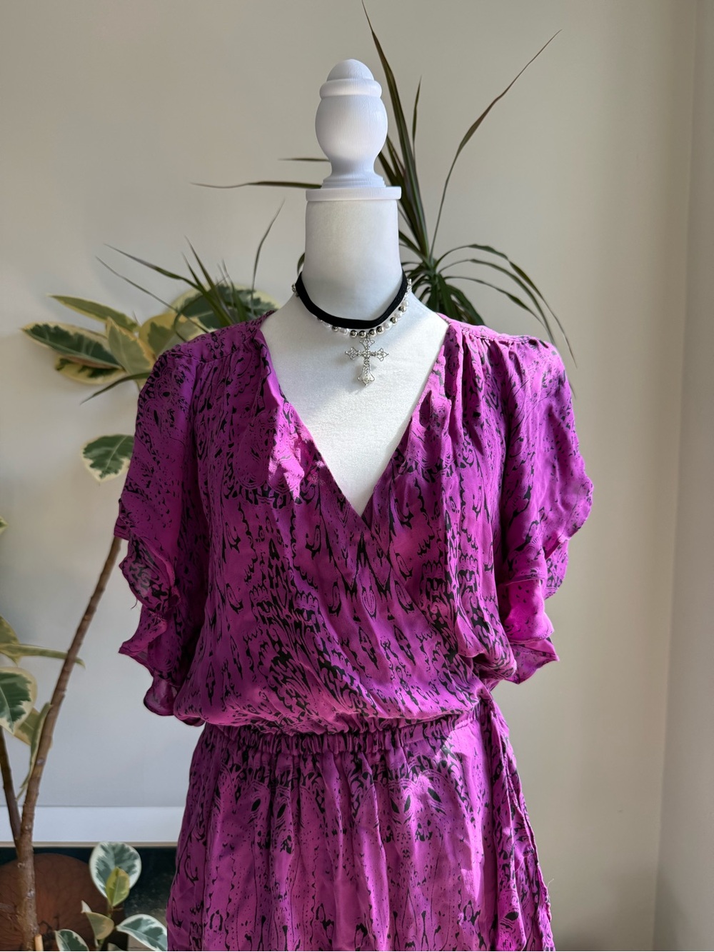 Magenta Floral Print V-Neck Wrap Silk Dress